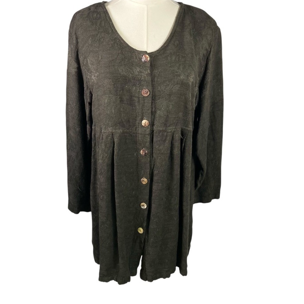 Vintage Modern Romance Dark Green Button Front‎ Tunic Dress Rayon Flax USA Made